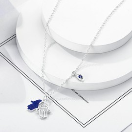 NARMO 925 Sterling Silver Pendant Necklace for Women Blue Hamsa Hand Evil Eye Dainty Chain Necklace