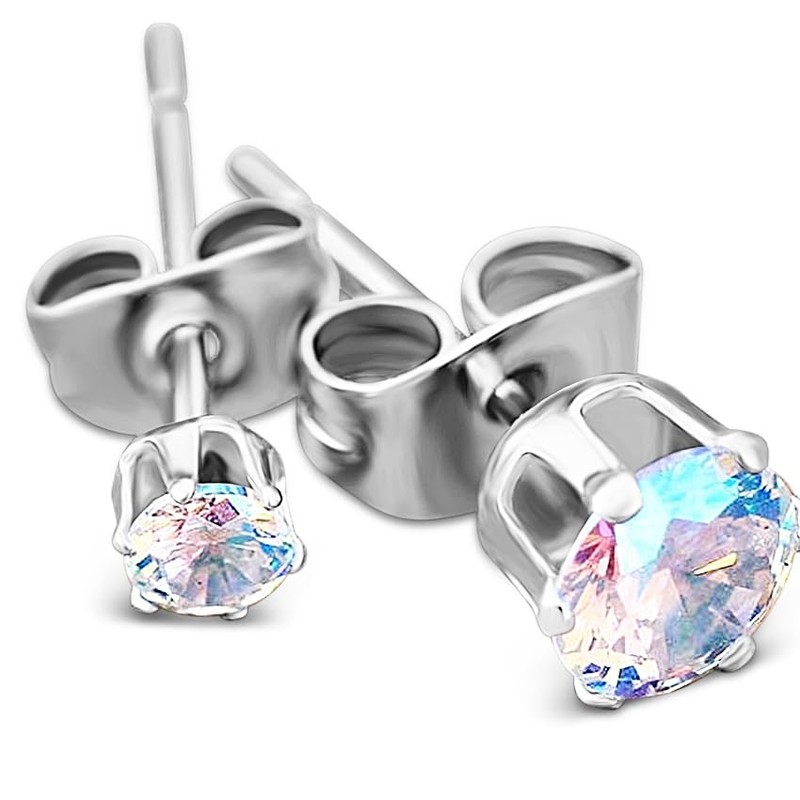 5 Pairs of Surgical Stainless Steel Aurora Borealis Crystal CZ