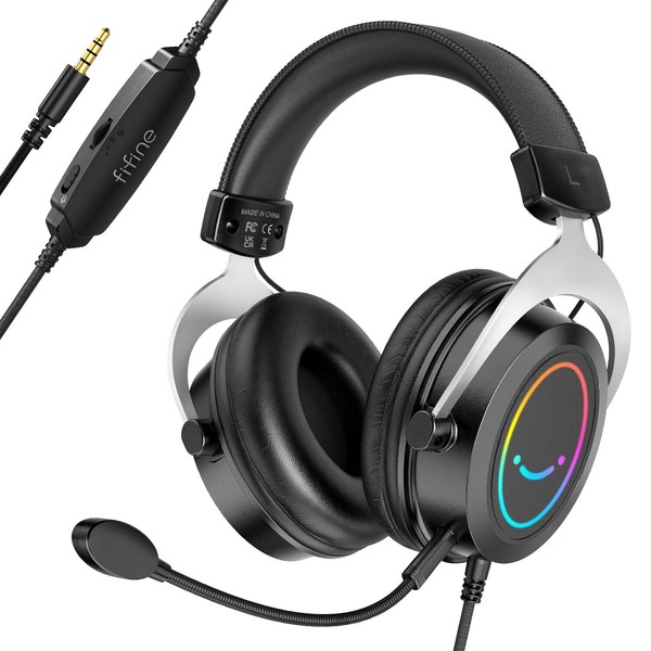 FIFINE Gaming Headset with Detachable Microphone, Passive Noise Cancelling, Wired Connection, Over Ear Headset with 3.5mm Audio Jack, RGB Function, Switch, PC, PS4, PS5, Gamer Play/Streaming/Recording Headset AmpliGame H3
