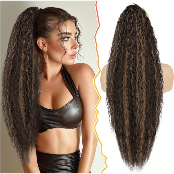 BARSDAR Dark Brown with Highlight Long Curly Wavy Drawstring Ponytail
