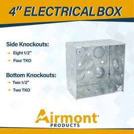 4'' Square Electrical Box, Ten 1/2'' and Six TKO Knockouts, Welded Construction, 30.3 Cu. in. Capacity, 2-1/8'' Deep, Raised Ground, Combination Screw Heads, Galvanized Steel