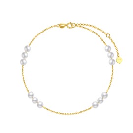 14K Solid Gold Pearl Bracelet for Women, Dainty Freshwater Cultured Pearls Bracelet Jewelry Anniversary Christmas Gift for Her, Mom, Wife, 6.5inch-8.1Inch (Yellow Gold)