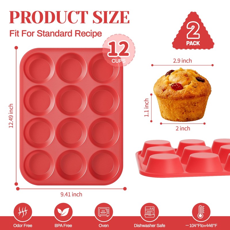 Helpcook 2Pack Silicone Muffin Pans with Metal Reinforced Frame,12 Cup