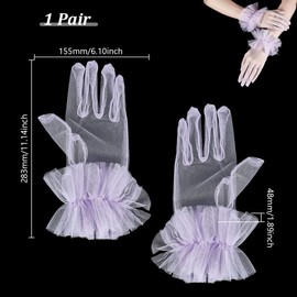 AHANDMAKER Wedding Bridal Short Tulle Ruffle Gloves Women's Tea Party Short Gloves Mesh Glove Evening Formal Dress Glove for Costume Supplies, Lilac
