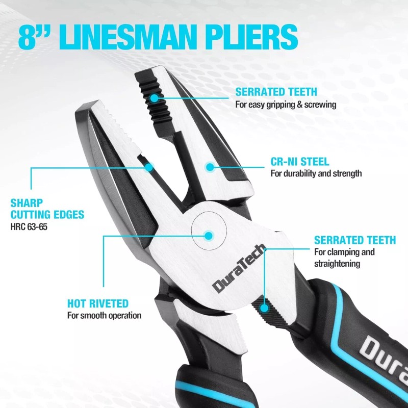 DURATECH 8" High Leverage Linemans Plier Cr-Ni Side Cutter Linesman