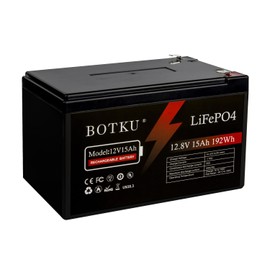 BOTKU 12V 15Ah Lithium LiFePO4 Deep Cycle Battery, 3000+ Cycle Rechargeable Lithium Iron Phosphate Battery for Solar, Fish Finder, Power Wheels, Lighting, Off-Grid Applications with 20A BMS