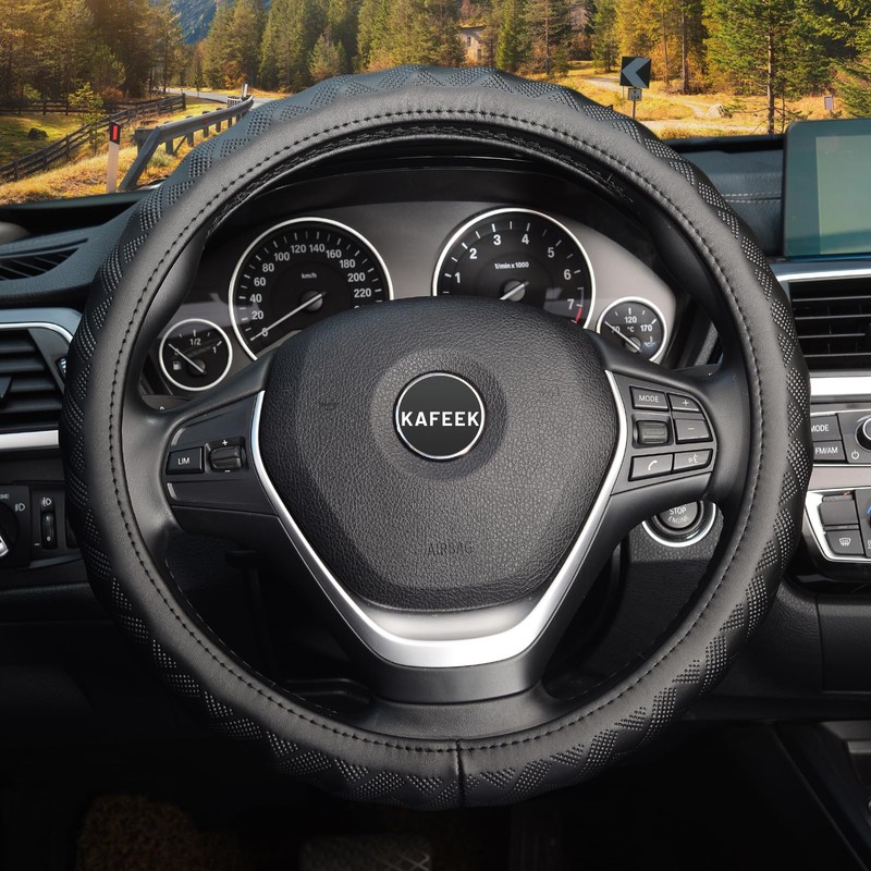 KAFEEK Steering Wheel Cover, Universal 15 inch, Microfiber Leather, Bamboo