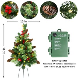 GUOOU Set of 2 Pathway Christmas Tree Urn Filler, Lighted Artificial Mini Xmas Trees with Lights, Outdoor Christmas Decorations for Porch, Driveway, Yard (9 Pine Cones)