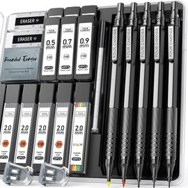 Four Candies Metal Mechanical Pencil Set, 3PCS Art Drafting Pencils 0.5, 0.7, 0.9MM & 2PCS 2MM Mechanical Drawing Pencils with 420PCS Leads (4B 2B HB 2H Color) for Writing Sketching Drawing (Black)