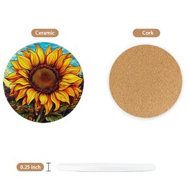 Sunflowers Coaster for Drinks Set of 6, Vintage Butterfly Sunflower Ceramic Absorbent Drink Coasters Cup Mat Coffee Table Housewarming Home Decoration Gift