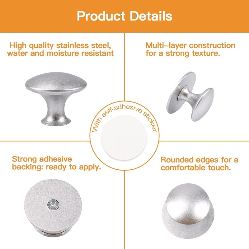 Morobor Stainless Steel Drawer Knobs, 4pcs Self-Stick Instant Cabinet Handle