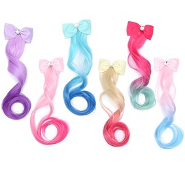 6Pcs Hair Extension Clip-Colored Curly Hair Extension Clip,Cute Bow Kids Ponytail Girl Hair Extension,Princess Costume Dress Up Hair Accessories,Bow Curl Rainbow Hair Extension for Kids (6 colors)