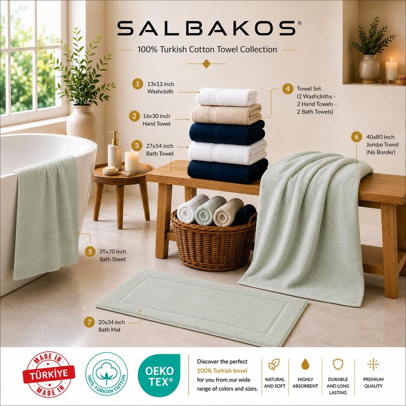 SALBAKOS 4-Piece 100% Turkish Cotton Bath Towels, 27x54 inch, Seafoam
