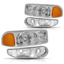 PM PERFORMOTOR [4Pcs-Set] Headlights Assembly+Signal Lamps Compatible with 01-07 GMC Sierra/Yukon Denali,Chrome Housing/Amber Corner
