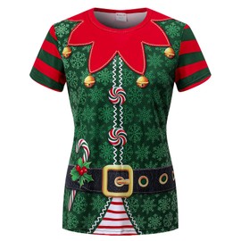 Women's Christmas Costume Elf T-Shirt 3D Graphic Tee Top Short Sleeves, Green, X-Large
