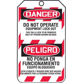 Accuform Lockout Tags, Pack of 5, Bilingual Danger Do Not Operation Equipment Lock Out, US Made OSHA Compliant Tags, Tear & Water Resistant PF-Cardstock, 5.75"x 3.25", TSP105CTM