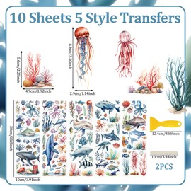 WANDIC 10 Sheets Rub On Transfer Sticker, Ocean Style Fish Pattern Stickers for DIY Scrapbooking Photo Albums Furniture,11.8 * 3.9in