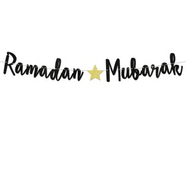 Ramadan Mubarak Banner - Eid Mubarak, Eid ul-Adha Party Decor, Ramadan Kareem Decor, Muslim Fireplace Mantel Party Decorations Black Glitter (Pre-Strung)