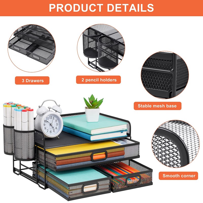 Marbrasse 3 Tier Mesh Desk Organizer with Drawer, Multi-Functional Desk
