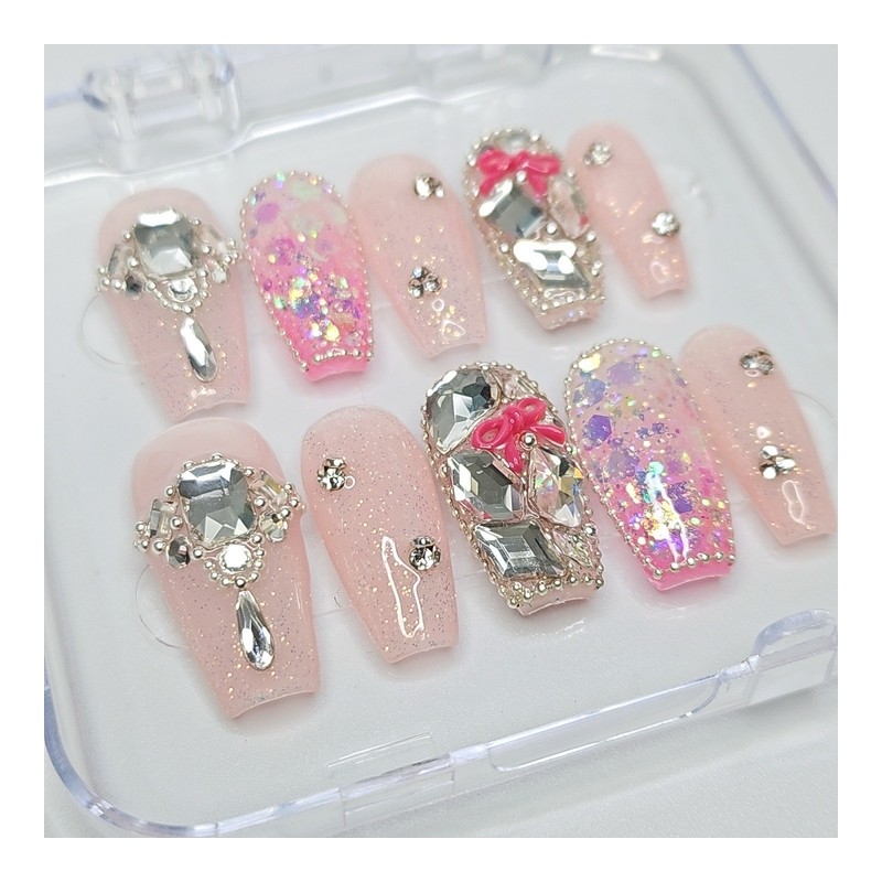 Pink Ribbon Full Stone Handmade Nail Tips - Petite Almond