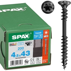 SPAX Facade Screw, 4.5 x 43 mm, Pack of 200, Stainless Steel A2 Blax, Fixing Thread, T-Star Plus T20, Raised Countersunk Head, 4CUT - 25470404504322