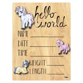 Cohas Hello World Newborn Baby Announcement Printed Wood Sign with Unicorn Theme, 5 by 7 Inches, No Marker