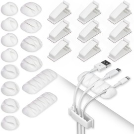 64 Pieces Cable Clips Kit Including 50Pcs Strong Self-Adhesive Organizer Clips and 14Pcs Desk Clips Set, Multipurpose Wire Management Clamps for Tablet Laptop Computer TV Home Office Car (White)