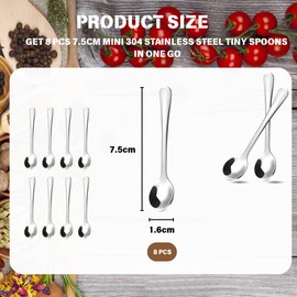 8 Pcs 7.5cm Mini 304 Stainless Steel Tiny Spoons for Spice Jars, Small Size 2.8" Spice Scoops for Salt, Sugar, Coffee, Powder, Dessert, Caviar, Cute Small Fun Little Scoops - Rustproof & Dishwasher