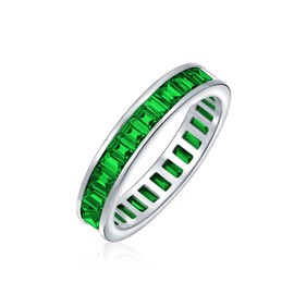 AAA Cubic Zirconia Channel Set Rectangle Emerald Green Cut Baguette CZ Eternity Ring Anniversary Wedding Band For Women .925 Sterling Silver 4MM Stackable Rings
