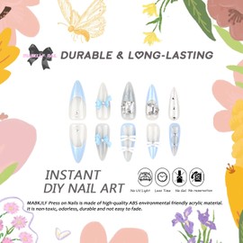 Blue Ballet Press on Nails Long Almond French Tip Fake Nails Full Cover Bow Rhinestones Charm False Nails with Designs Glitter Glossy Glue on Nails Summer Acrylic Artificial Nails for Women Girls