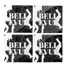Minimalistic B&W Washington Bellevue Map, Joyride Home Decor, 4 Glass Coasters, 4-inch Square Drink Coasters, Set of 4, Non-Slip Cork Back, Protects Surfaces, Express Your Style.