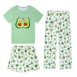 Fanient Girls Pyjamas Set Love Avocado Print Sleepwears Girl Short Sleeves Pjs Set 3pcs Kids Daily Wear Nightwear 13-14 Years