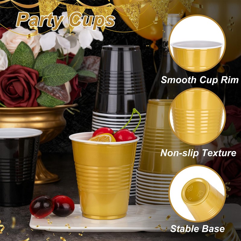 12 oz Disposable Plastic Cups – Black & Gold 2-Color