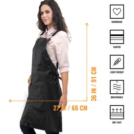Under NY Sky Cross-Back Black Apron – Golden Hardware, Coated Twill, Leather Reinforcement, Split-Leg – Adjustable for Men, Women, Pro Barber, Tattoo, Hair Stylist, Barista, Bartender, Server Aprons