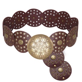 Topbuti Wide Disc Belt for Women Cowboy Vintage Western Concho Leather Waist Belts Boho Disk Y2k Belt for Skirts Pants Dress (A, Brown, L)