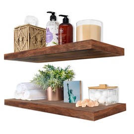 Sorbus Wood Floating Shelves for Wall - 24” Solid Wood Wall Shelves for Bathroom Decor, Books, Bedroom & Living Room - Set of 2 Walnut Wall Mounted Kitchen Shelves - Durable Solid Pine