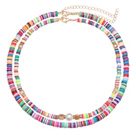 Heishi Surfer Choker Lightweight Rainbow African Vinyl Disc Beads Pearl Layered Necklace Boho Summer Beach Surf Jewelry For Women (Rainbow)