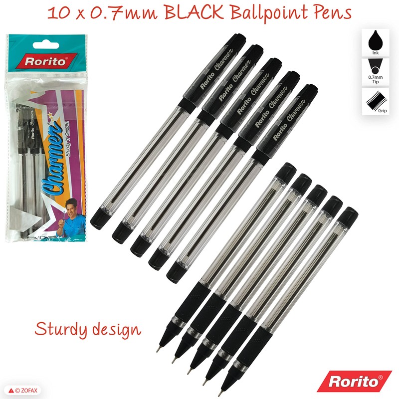 rorito 10 x 0.7mm Charmer BLACK Ballpoint Pens Soft Grip