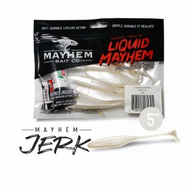 Liquid Mayhem 5" Jerk - Pearl - Soft Plastic Fishing Lure for Walleye 15 Count (3 x 5-Pack) + Bonus 3 x 10ml Tube - Liquid Fish Attractant