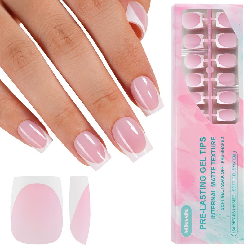 Misssix Uñas Postizas Francesas De Gel, 150 Unidades, Cortas, Cuadradas,