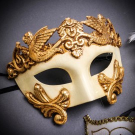 iLoveMasks His & Her Gold White Party Masquerade Masks Set for Couple Venetian Feather Mask