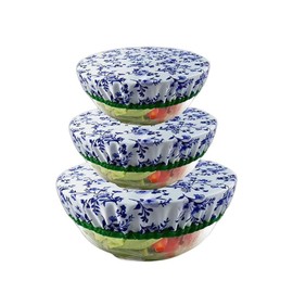 CuteHairy 3 Pcs Fabric Bowl Covers, 3 Size Stretch Cotton Fabric Food Storage Covers, Bowl Covers Reusable, Stretched Bowl Cover Lids, Reusable Elastic Sealed Lids Cover Blue and White 3-piece set