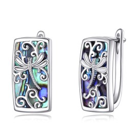 Dragonfly Hoop Earrings Abalone Shell Sterling Silver Dangle Drop Huggie Earrings Filigree Insect Jewelry Gifts for Women