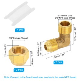 PATIKIL 90 Degree Elbow Brass Pipe Fittings, 2 Pcs 3/8" Male Flare x 3/8" NPT Male Thread Tubing Fitting Adapter Connector Tube Elbow Converter with 3/8" Brass Flare Nut and PTFE Tape