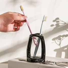 Handmade Ceramic Holder Stand for Toothbrushes, Makeup Brushes, and Pens - Minimalist Design for Bathroom Vanity and Countertops Decor (Black)