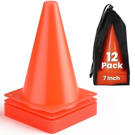 GHB 7 Inch Plastic Football Cones 12 Pack Disc Soccer Sport Cones Training Field Marker Agility Cones for Traffic, Basketball, Coaching, Practice Equipment Includes Cone Drills Guide