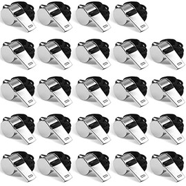Silbato, 24 silbatos profesionales de acero inoxidable con cordones a granel, silbato deportivo de metal muy fuerte, perfecto para entrenadores, árbitros, salvavidas, oficiales y equipos