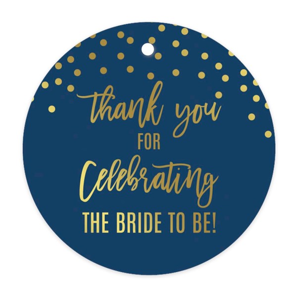 Andaz Press Navy Blue and Metallic Gold Confetti Polka Dots Bachelorette Party Bridal Shower Collection, Round Circle Gift Tags, Thank You for Celebrating The Bride to Be, 24-Pack