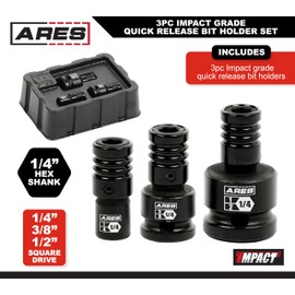 ARES 22035 – 3-Piece Impact Grade Quick Release Bit Holder Set – 1/4-Inch, 3/8-Inch, and 1/2-Inch Drive - Compatible With 1/4-Inch Hex Shank Bits - Quick Release Mechanism for Rapid Attach and Release