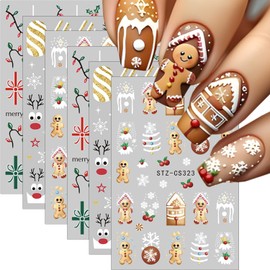 6Pcs Christmas Nail Art Stickers - 3D French Elk Self-Adhesive Decals, Gingerbread Man, Xmas Light Strip Design Supplies, Winter Snowflake for Nails
